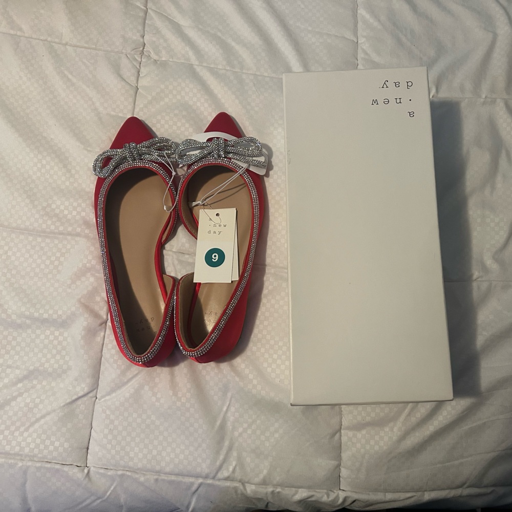 Red silk rhinestone flats